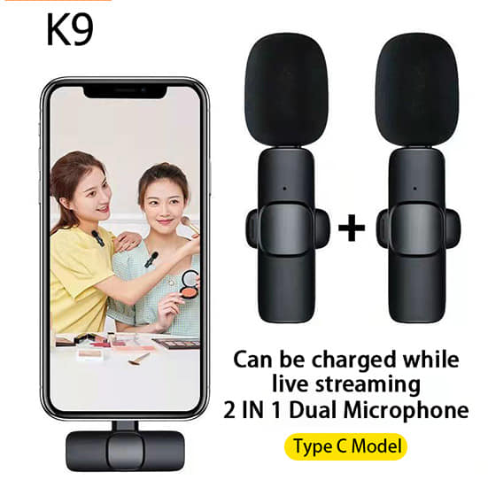 K9 Dual Microphone: USB Type C & iOS Connector, Wireless Lavalier Mic